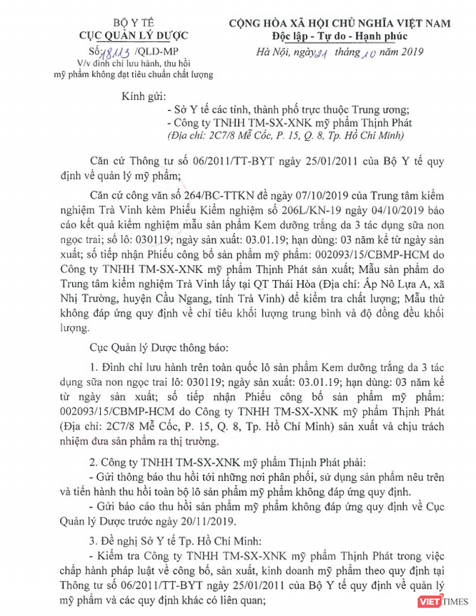 ăn bản đình chỉ lưu hành lô sản phẩm kem dưỡng trắng da 3 tác dụng sữa non ngọc trai do không đạt tiêu chuẩn chất lượng.