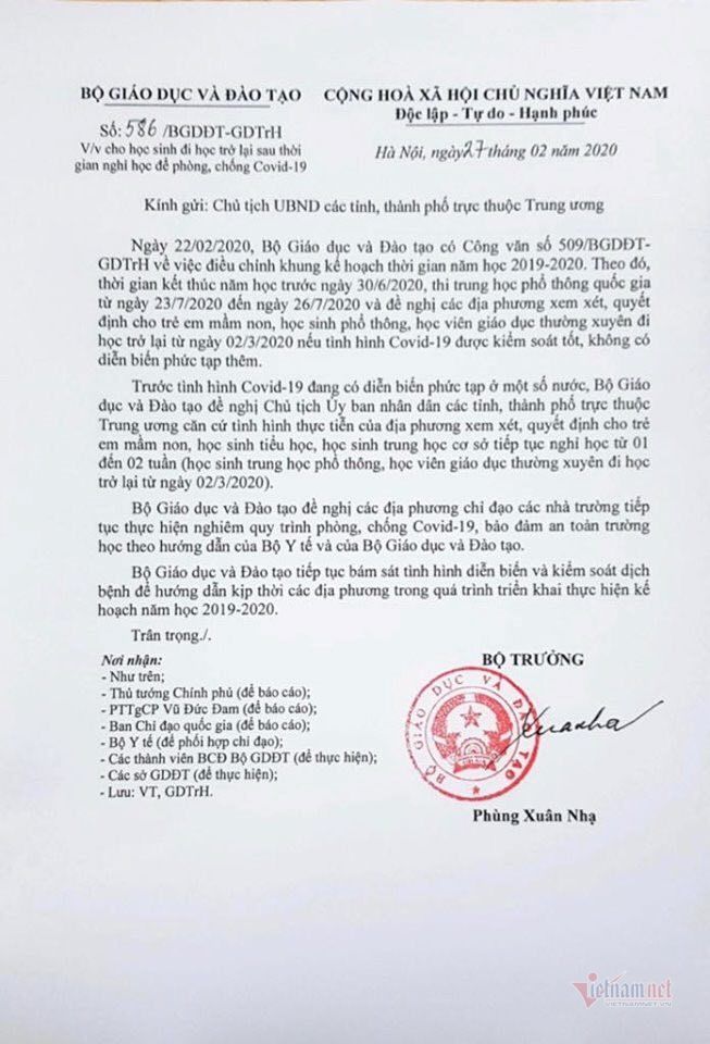 Bộ Giáo dục đề nghị cho học sinh mầm non, tiểu học, THCS tiếp tục nghỉ học.