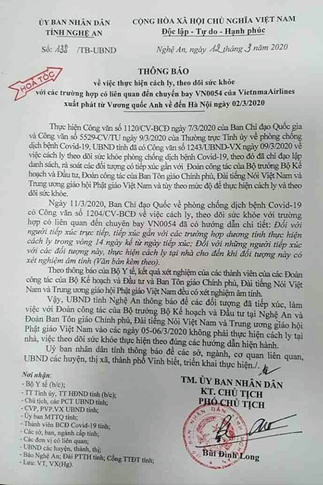 Thông báo của tỉnh Nghệ An