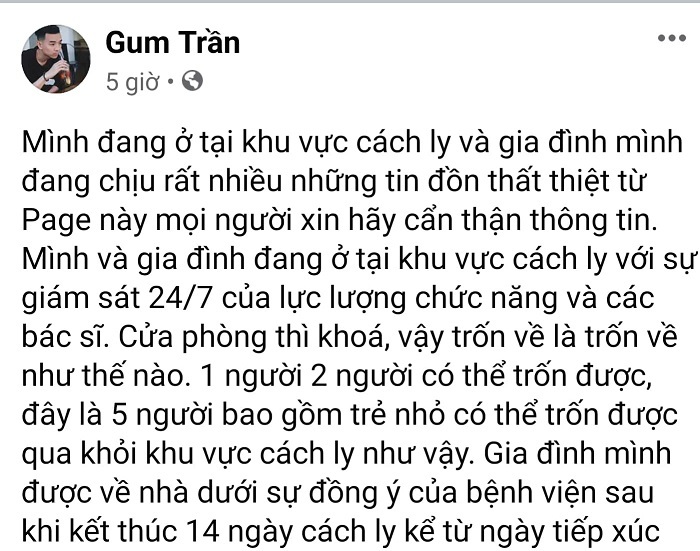 Tài khoản có tên Gum Trần cho rằng, về được là do trung tâm y tế đồng ý