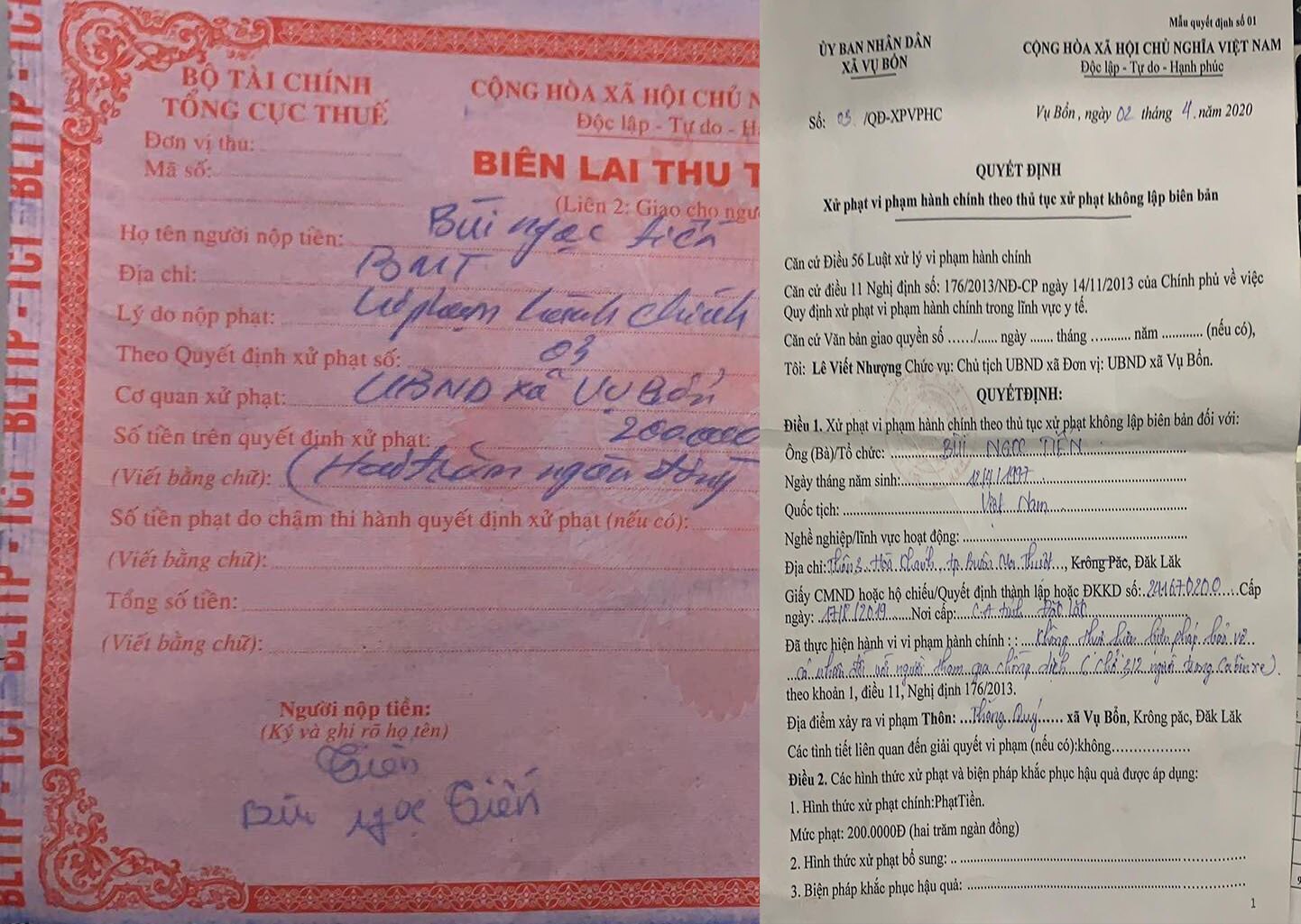 Quyết định xử phạt và biên lai thu tiền UBND xã Vụ Bổn phạt xe tải vì lỗi tụ tập quá 2 người trên cabin xe.