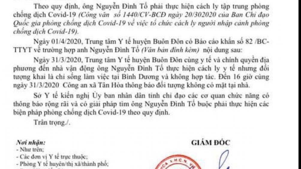Văn bản Sở Y tế gửi UBND tỉnh về trường hợp trốn cách ly của ông Nguyễn Đình Tố.