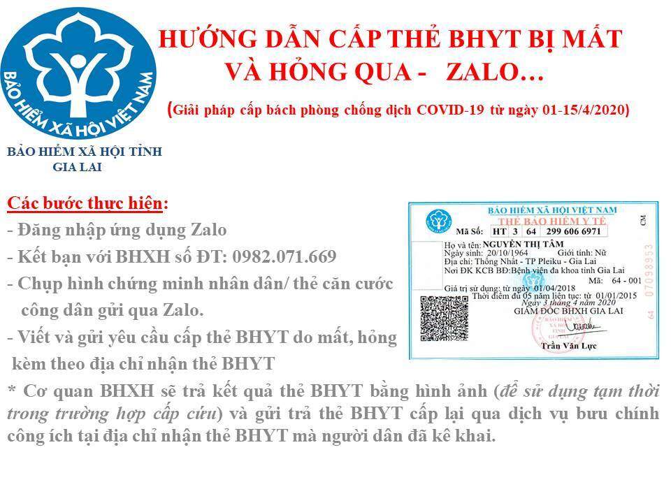 BHXH Gia Lai hướng dẫn cấp lại thẻ BHYT qua Zalo trong thời gian cách ly xã hội vì Covid-19