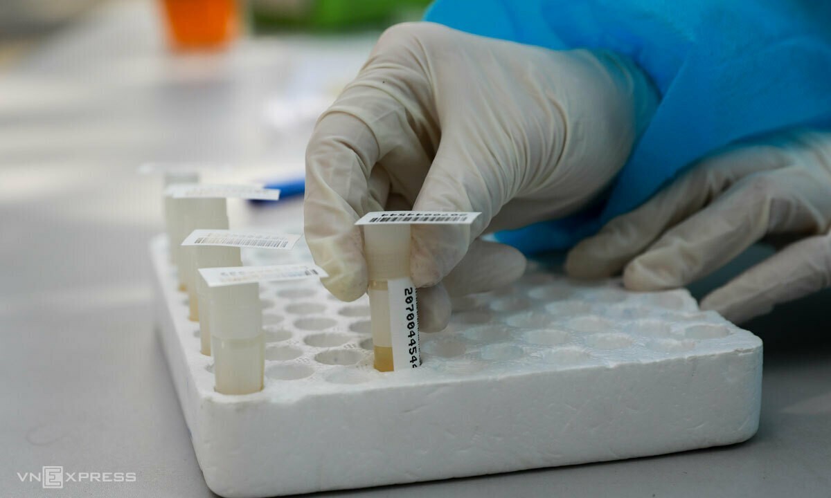 Samples for Covid-19 tests are collected by a medical worker in Vietnam. Photo by VnExpress/Quynh Tran.