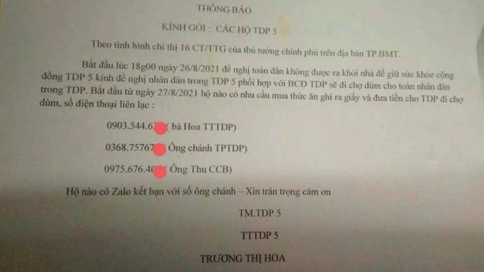 Giấy thông báo cho người dân liên hệ nhờ cán bộ chính quyền đi chợ thay trong 5 ngày