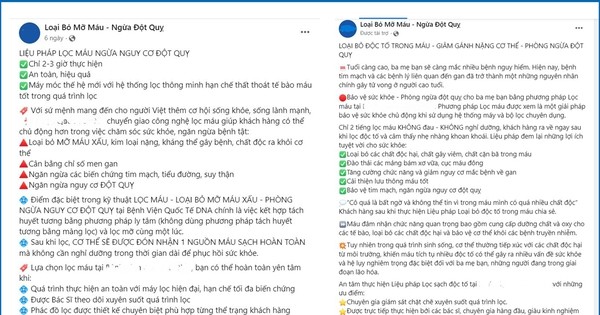 Hình ảnh những thông tin quảng cáo về lọc máu/lọc mỡ máu phòng đột quỵ (ảnh chụp màn hình).
